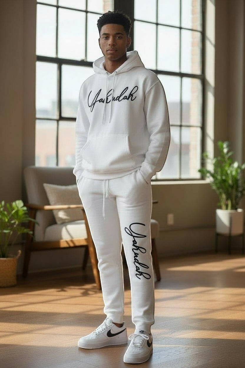 YAHUDAH COLLECTION white cotton tracksuit with flocked cursive logo on hoodie and leg